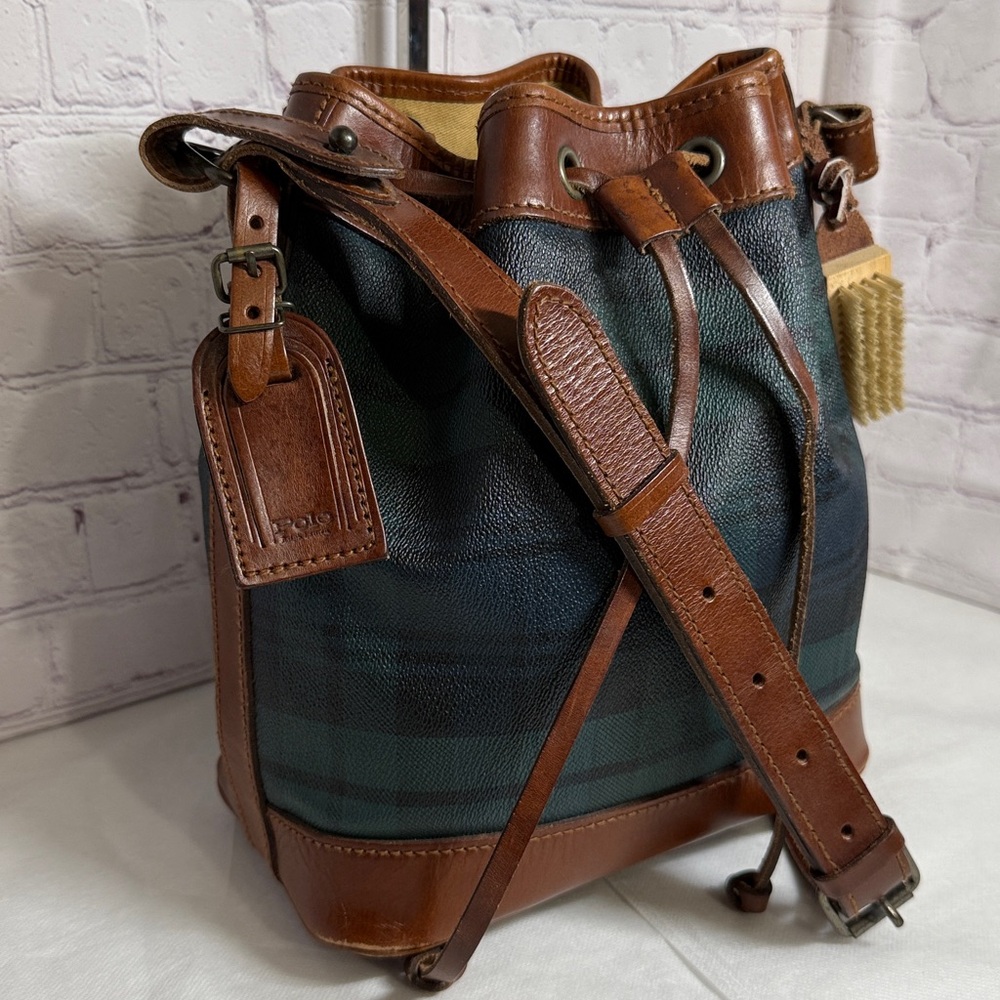 Vintage Polo Rally Lauren Plaid Brown Leather Crossbody Bucket Bag w/Luggage Tag - Picture 3 of 15